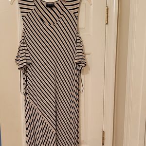 GENTLY USED Lane Bryant Black, Tan, and Cream Peep Shoulder Maxi Dress